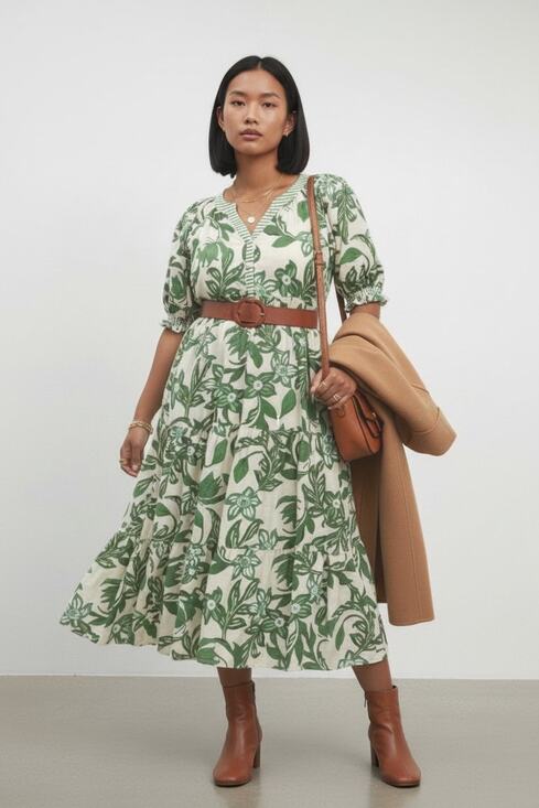 Umgee Dresses & Skirts - Botanical Leaf Print Tiered Midi Dress V-Neck Lined Green Cream Boho L